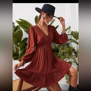 Burgundy lantern sleeve Flouncy Dress